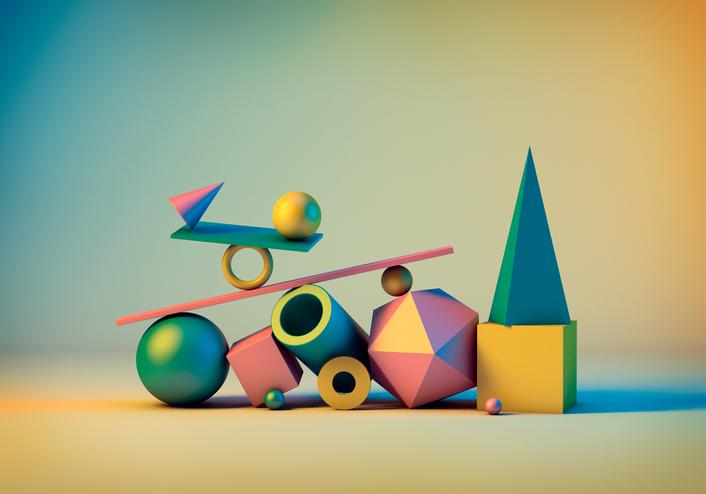 Abstract Geometric Elements Background. 3D Rendering Objects Shapes: spheres, cone, tube, box. Minimalism Still Life Style