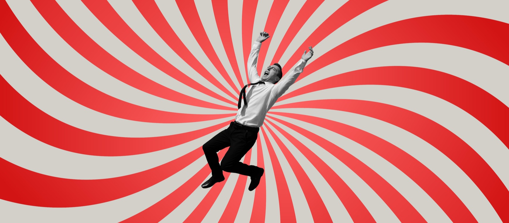 Digital collage. Man falling in red spiral